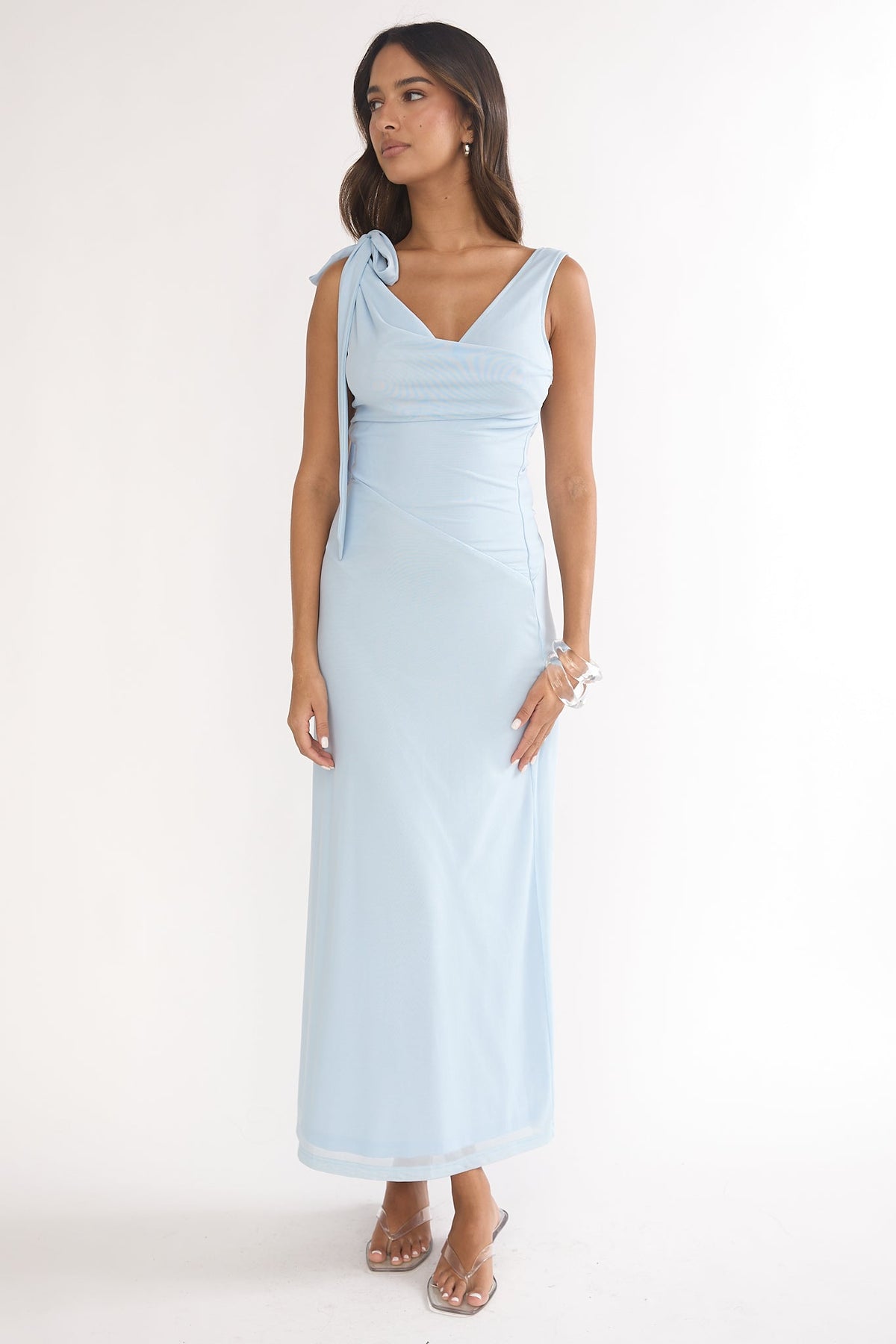 Cavelle Tie Shoulder Mesh Maxi Dress Blue