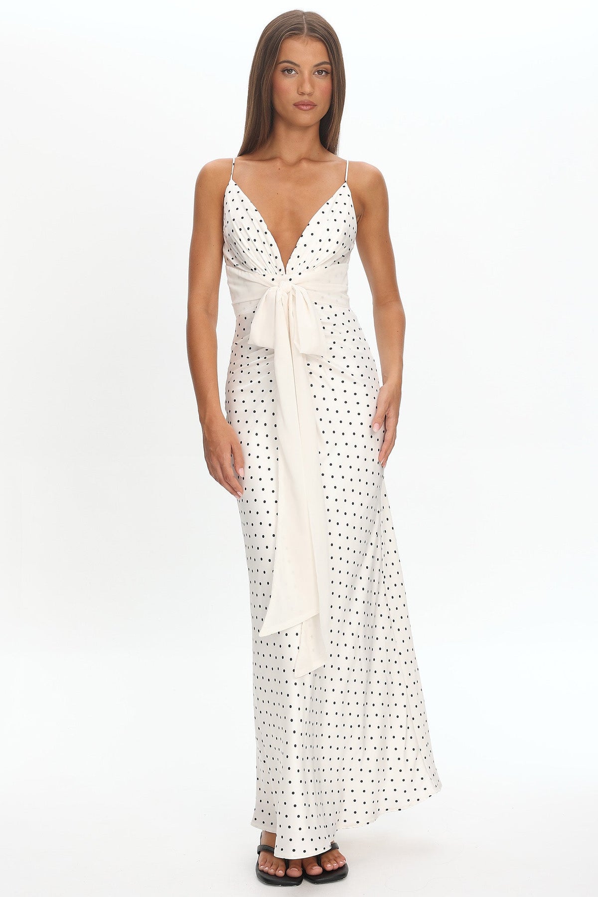 Ambrette Bow Waist Maxi Dress Polka Dot Cream Main image
