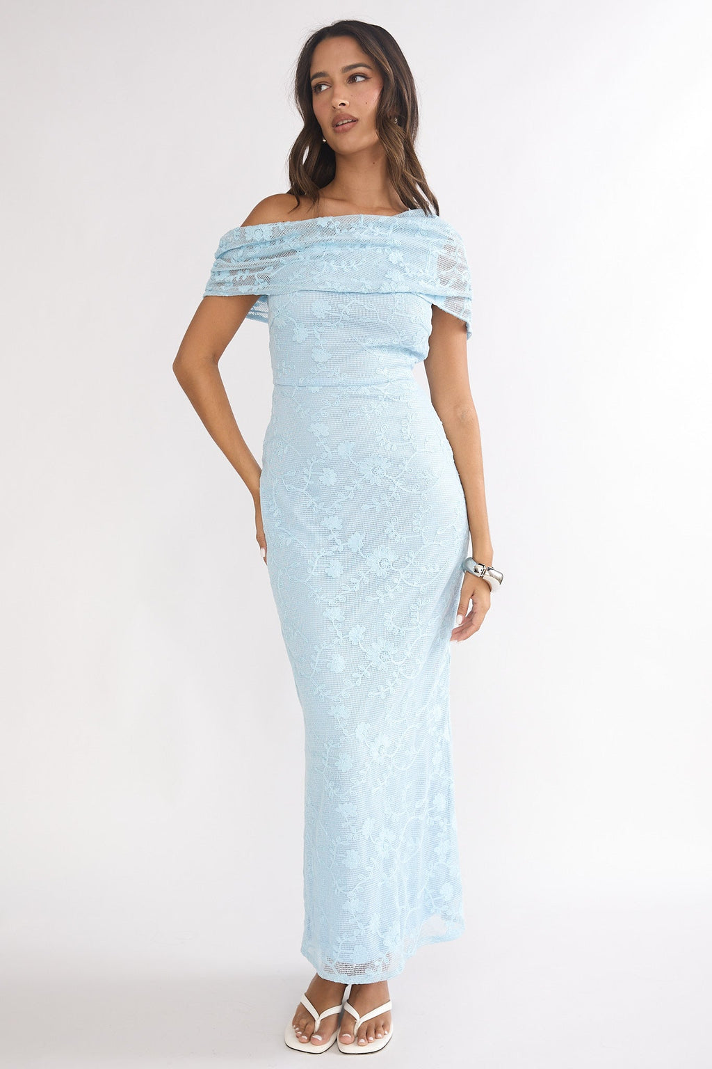 Elita Asymmetric Neckline Lace Maxi Dress Blue
