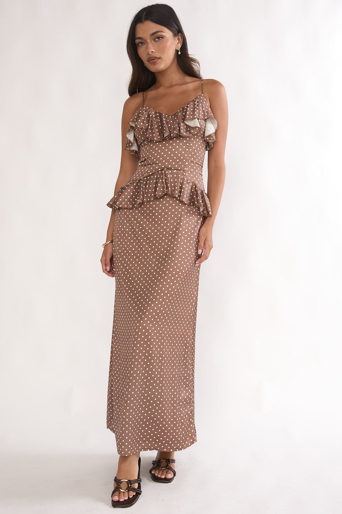Tahlie Ruffle Trim Maxi Dress Polka Dot Mocha Main image