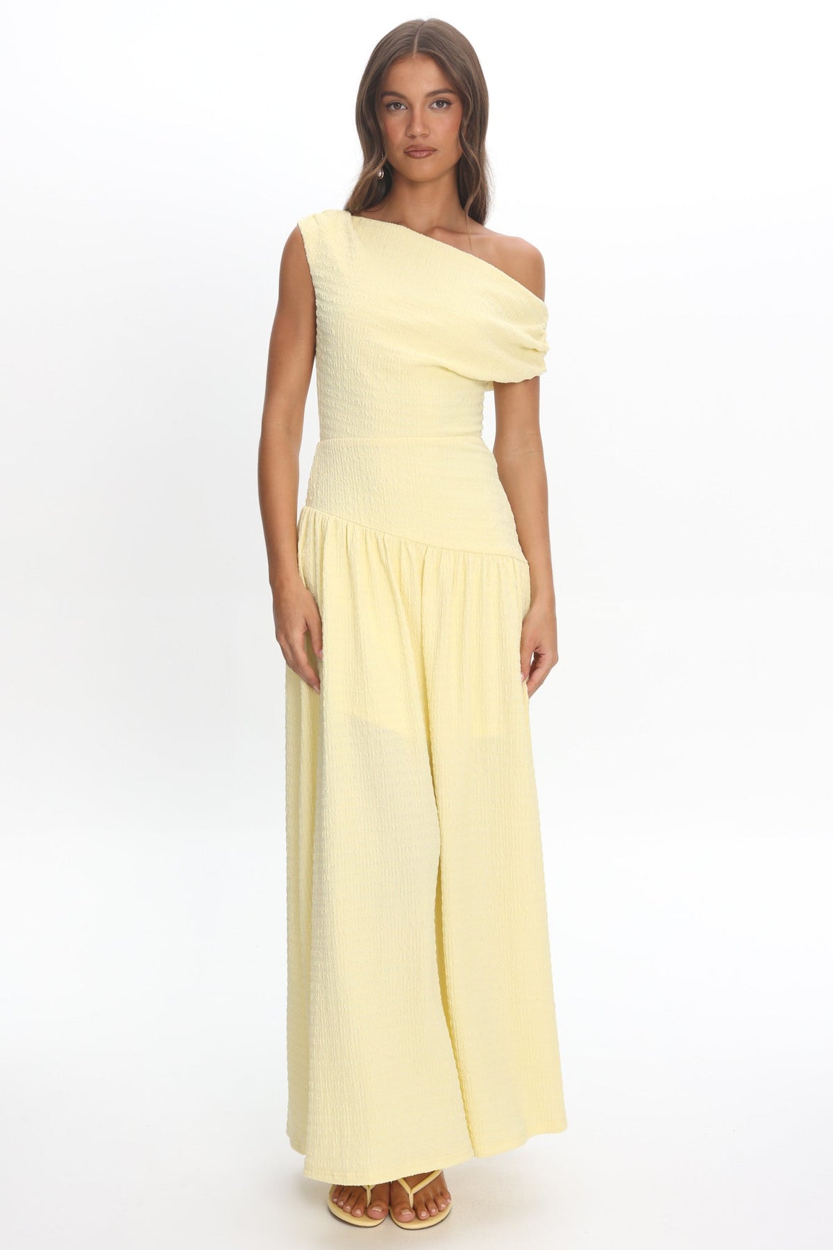 Kloe Asymmetric Shoulder Textured Maxi Dress Butter