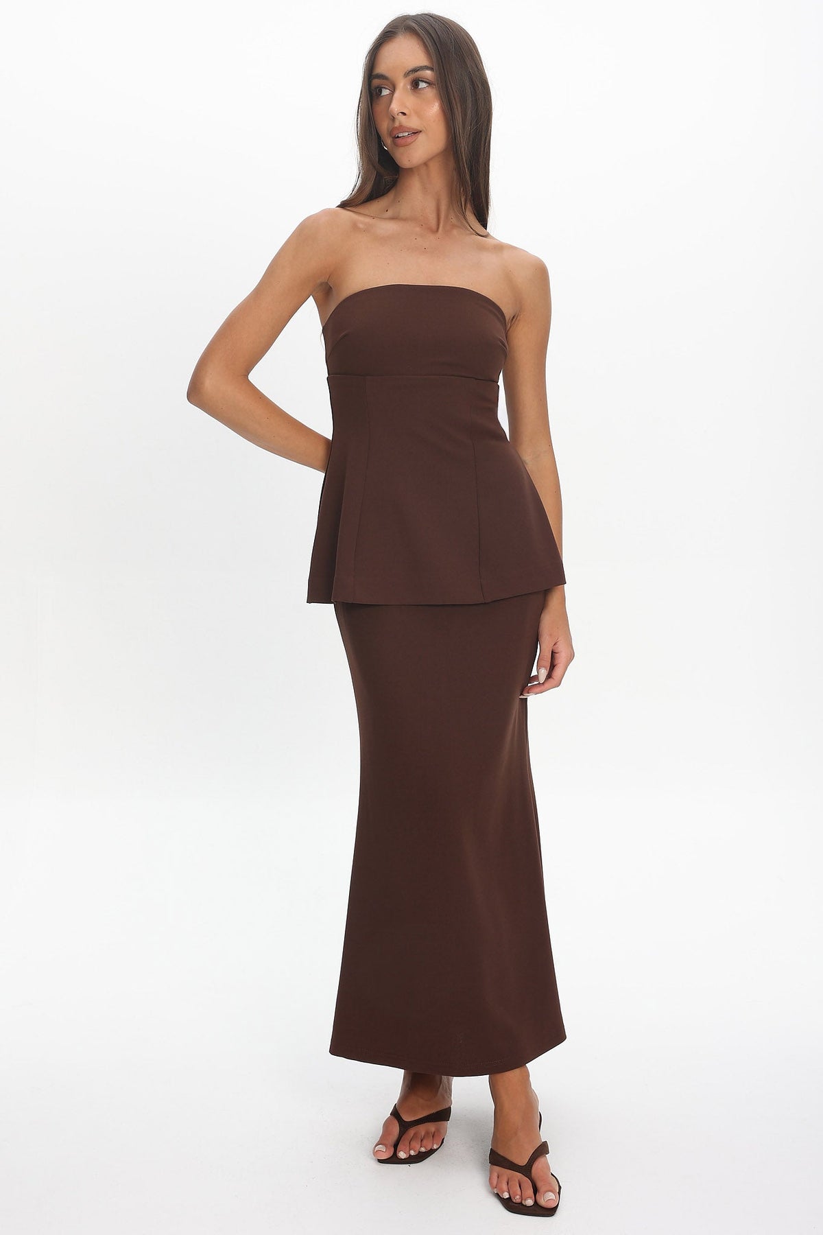 Vicci Strapless Flared Waist Maxi Dress Chocolate Main image