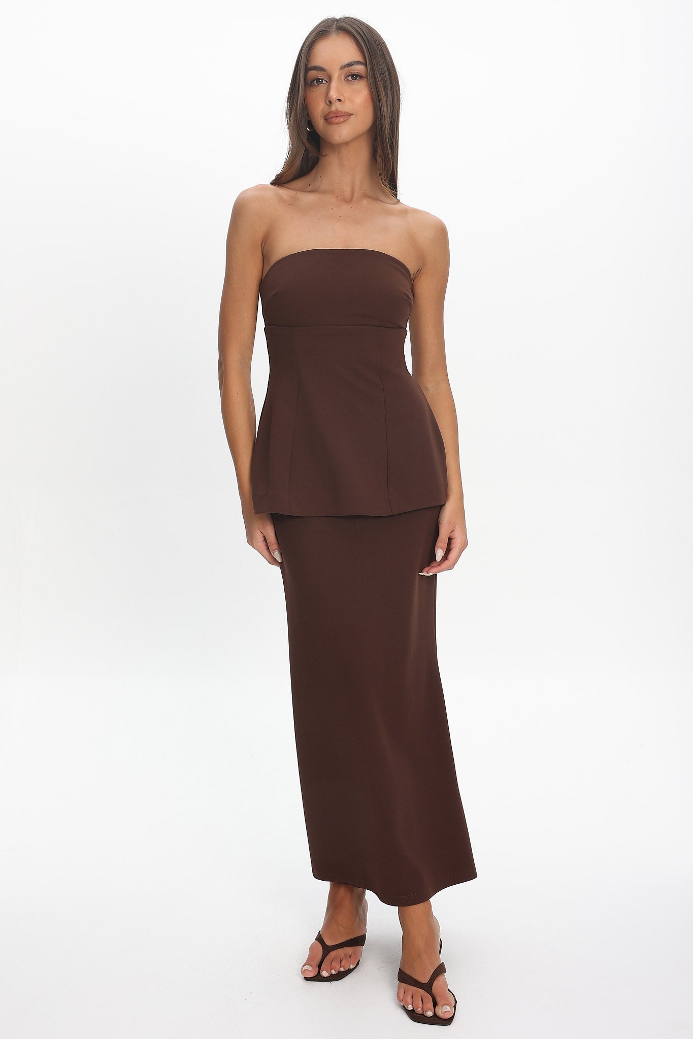 Vicci Strapless Flared Waist Maxi Dress Chocolate Secondary image