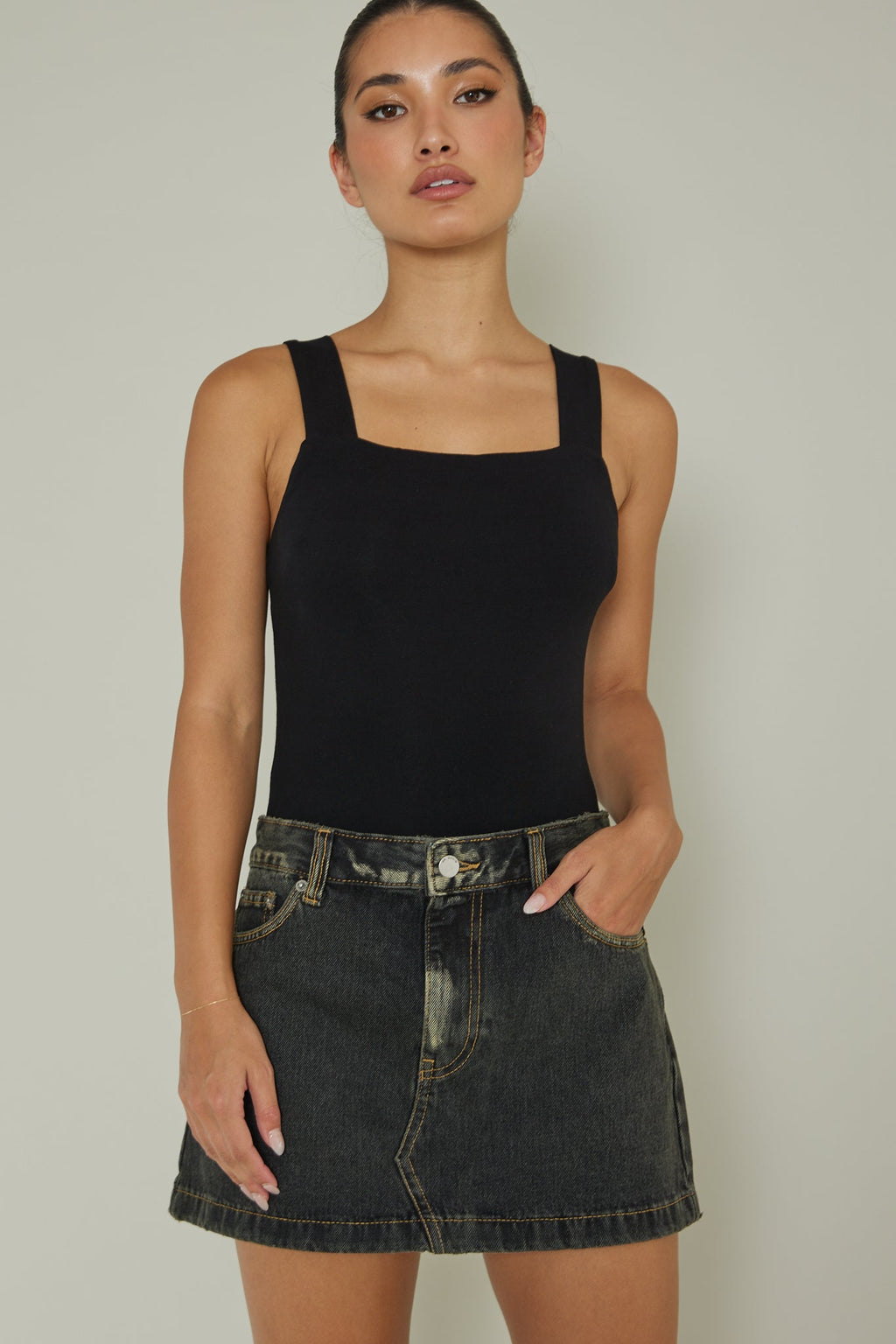 High Time Square Neckline Leotard Black