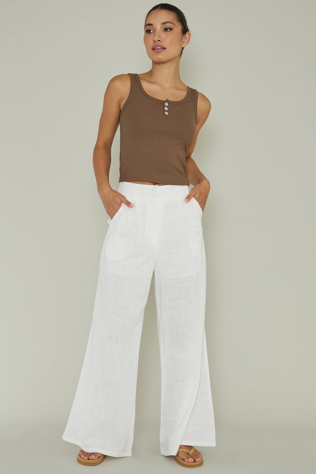 Recess Thick Strap Ribbed Top Brown