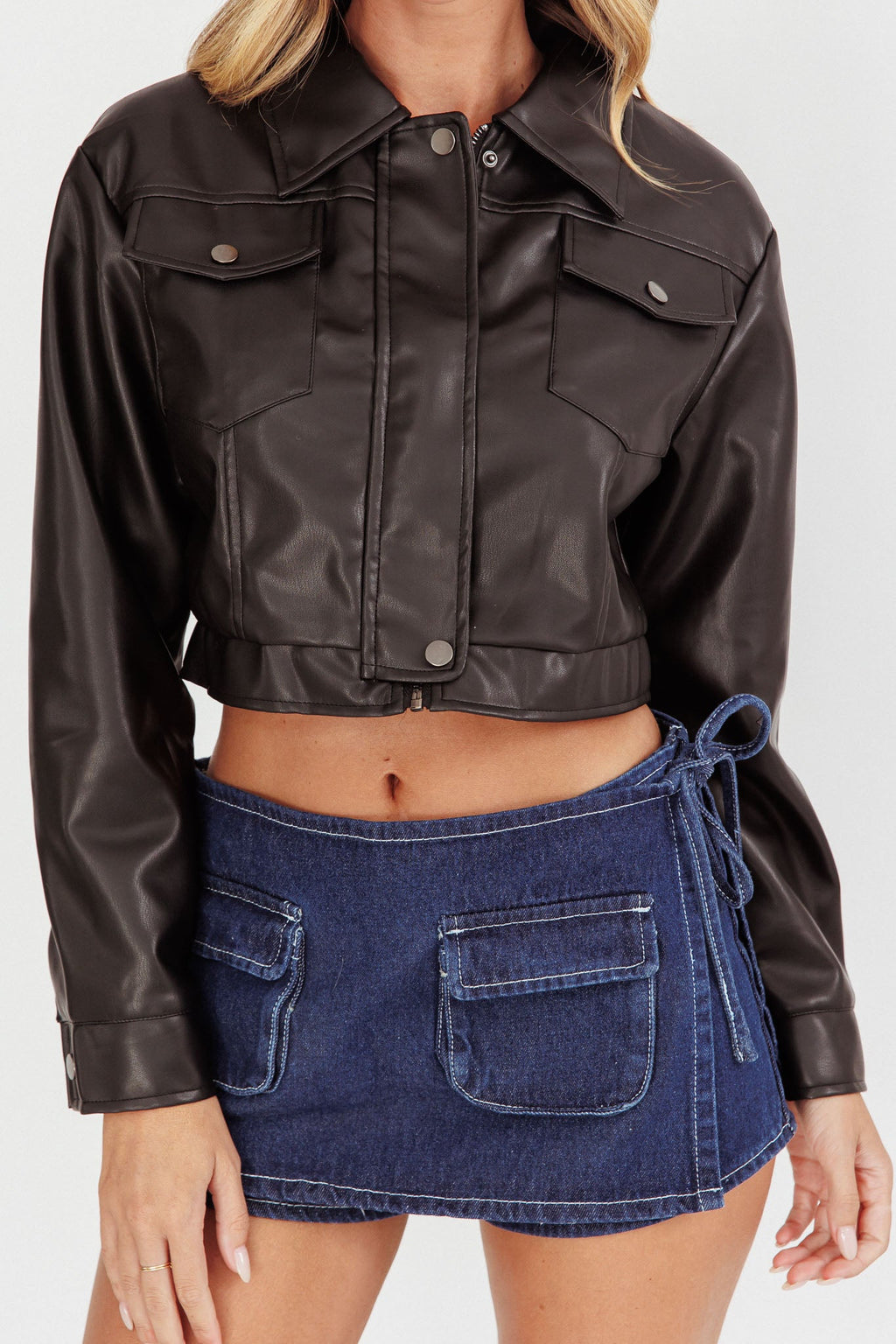 Navigator Snap Button Faux Leather Jacket Black