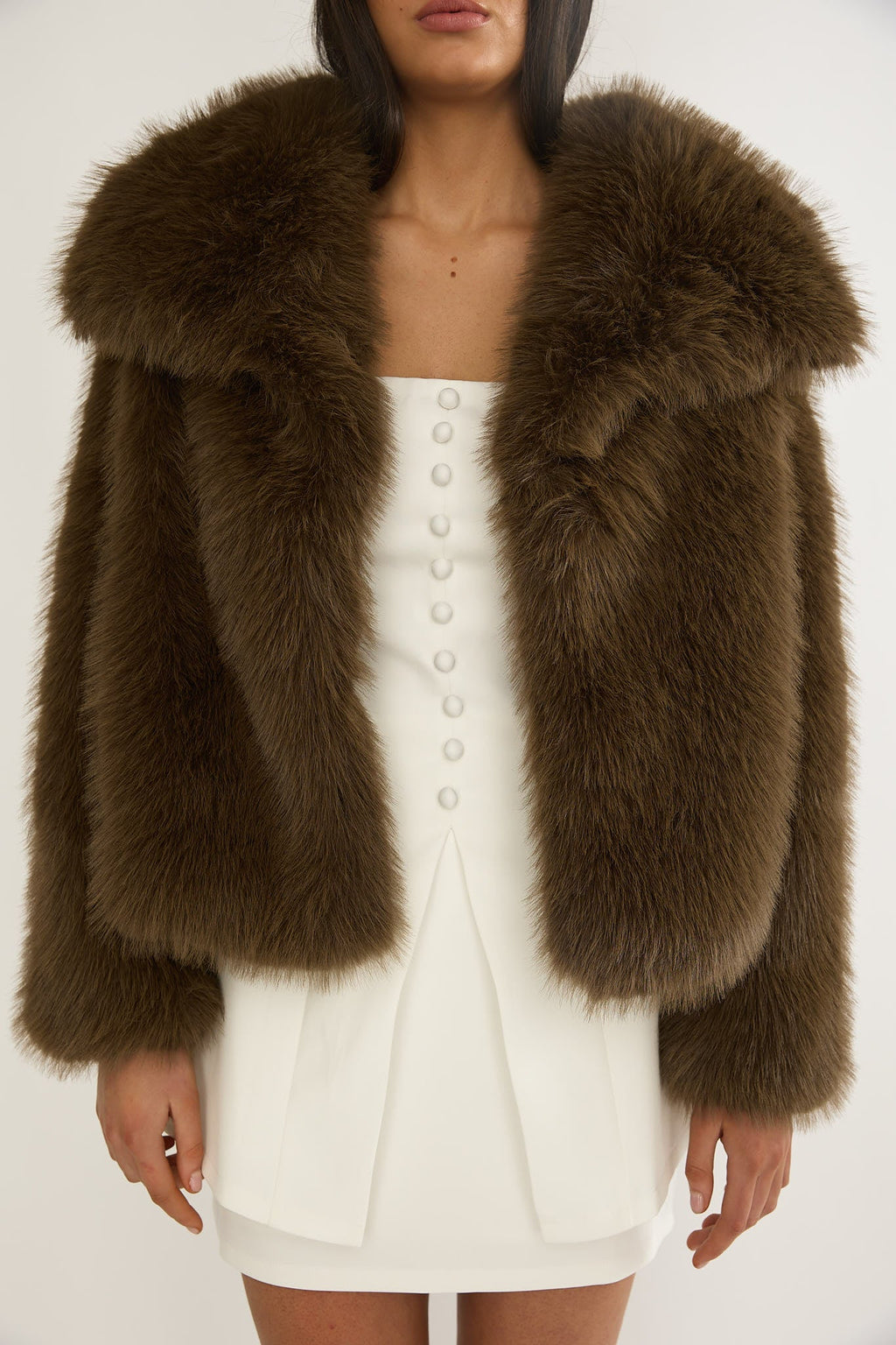 Harlequinn Oversized Lapel Faux Fur Jacket Coffee