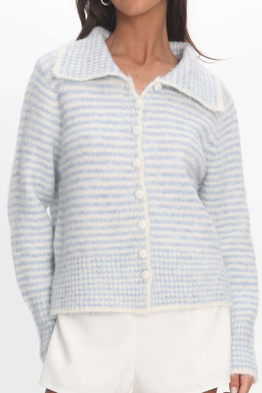 Gavrielle Collared Knit Cardigan Stripe Baby Blue