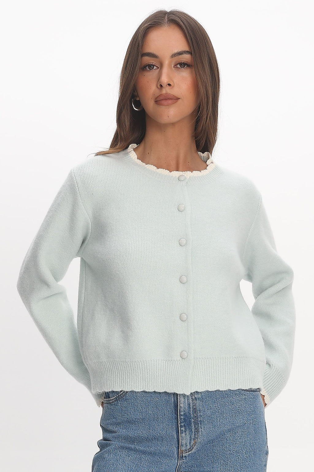 Aurore Scalloped Edge Knit Cardigan Baby Blue