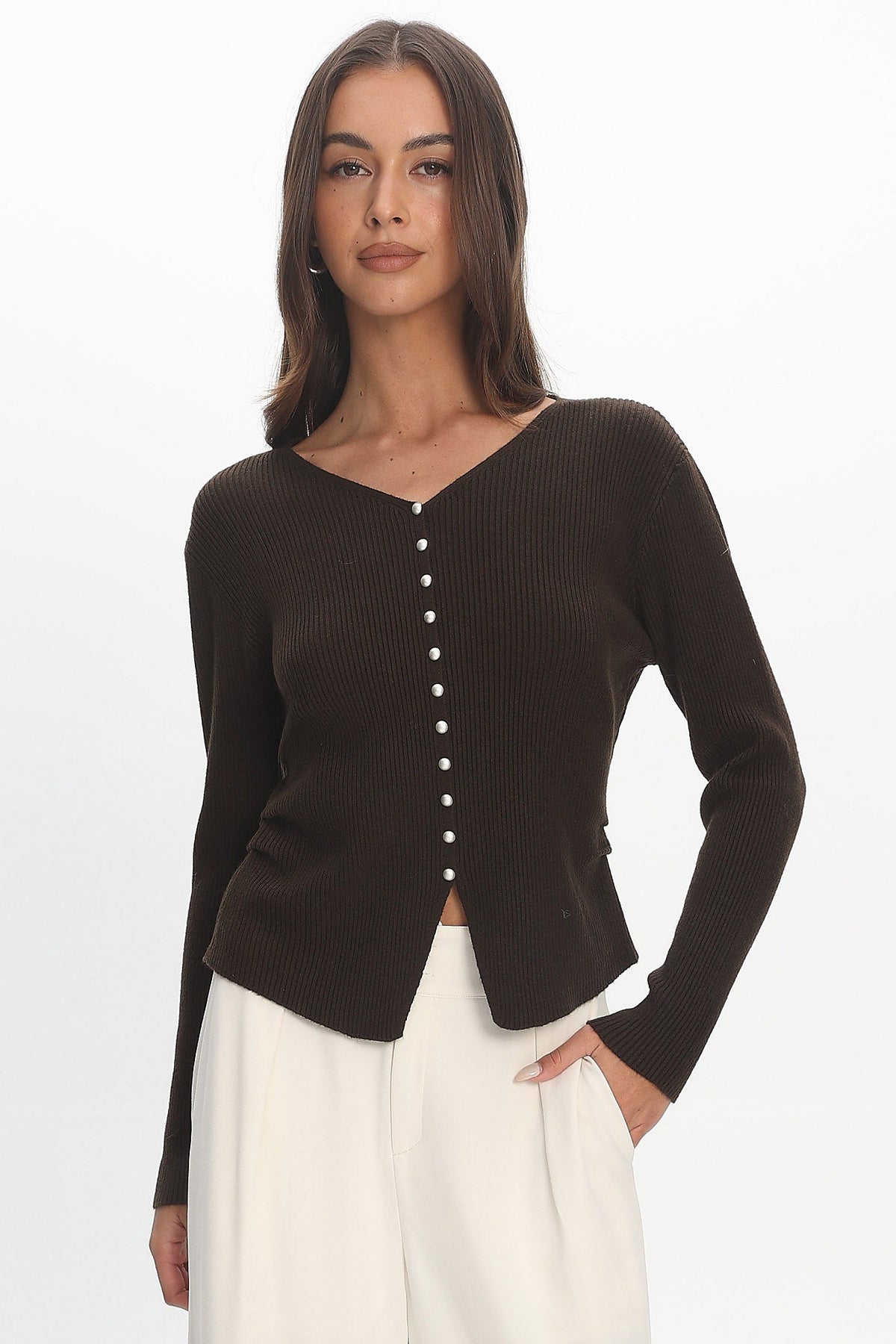 Louiz Button Front Ribbed Knit Cardigan Chocolate