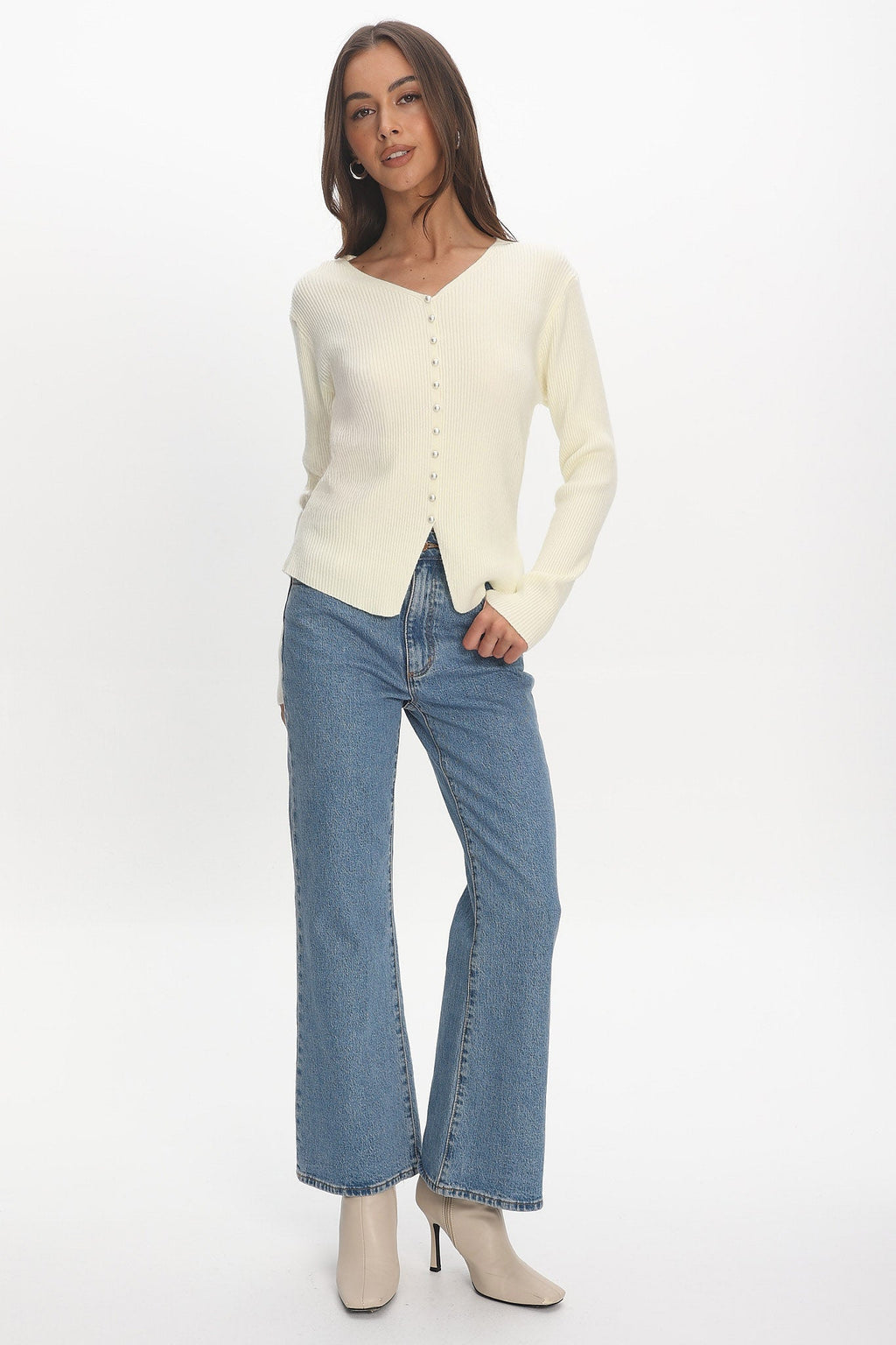 Louiz Button Front Ribbed Knit Cardigan Cream