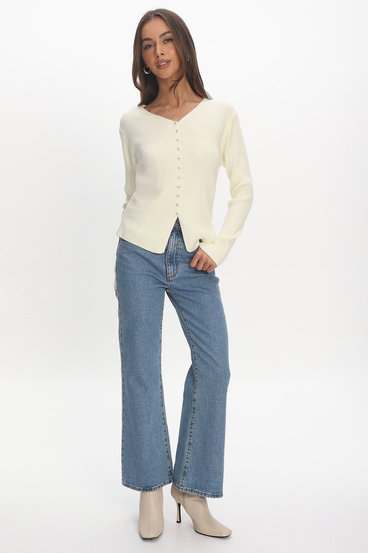 Louiz Button Front Ribbed Knit Cardigan Cream