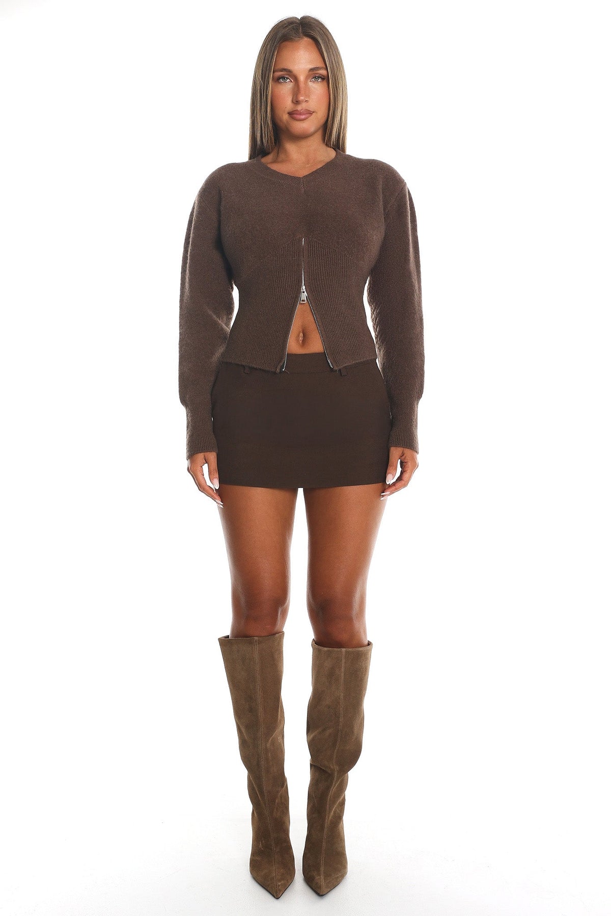 Karisa Zipper Hem Knit Top Mocha