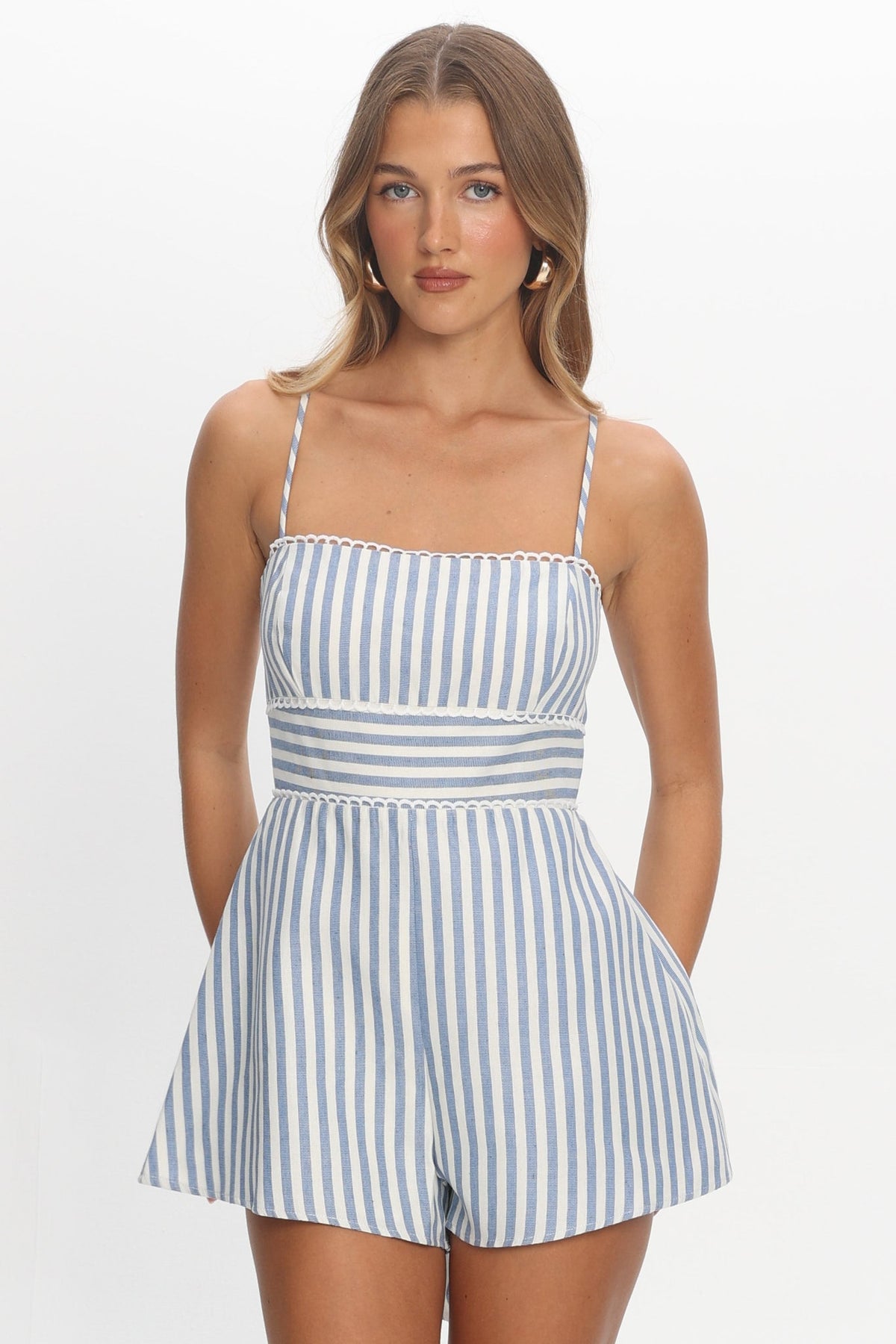 Helsinki Lace Trimmed Romper Stripe Blue