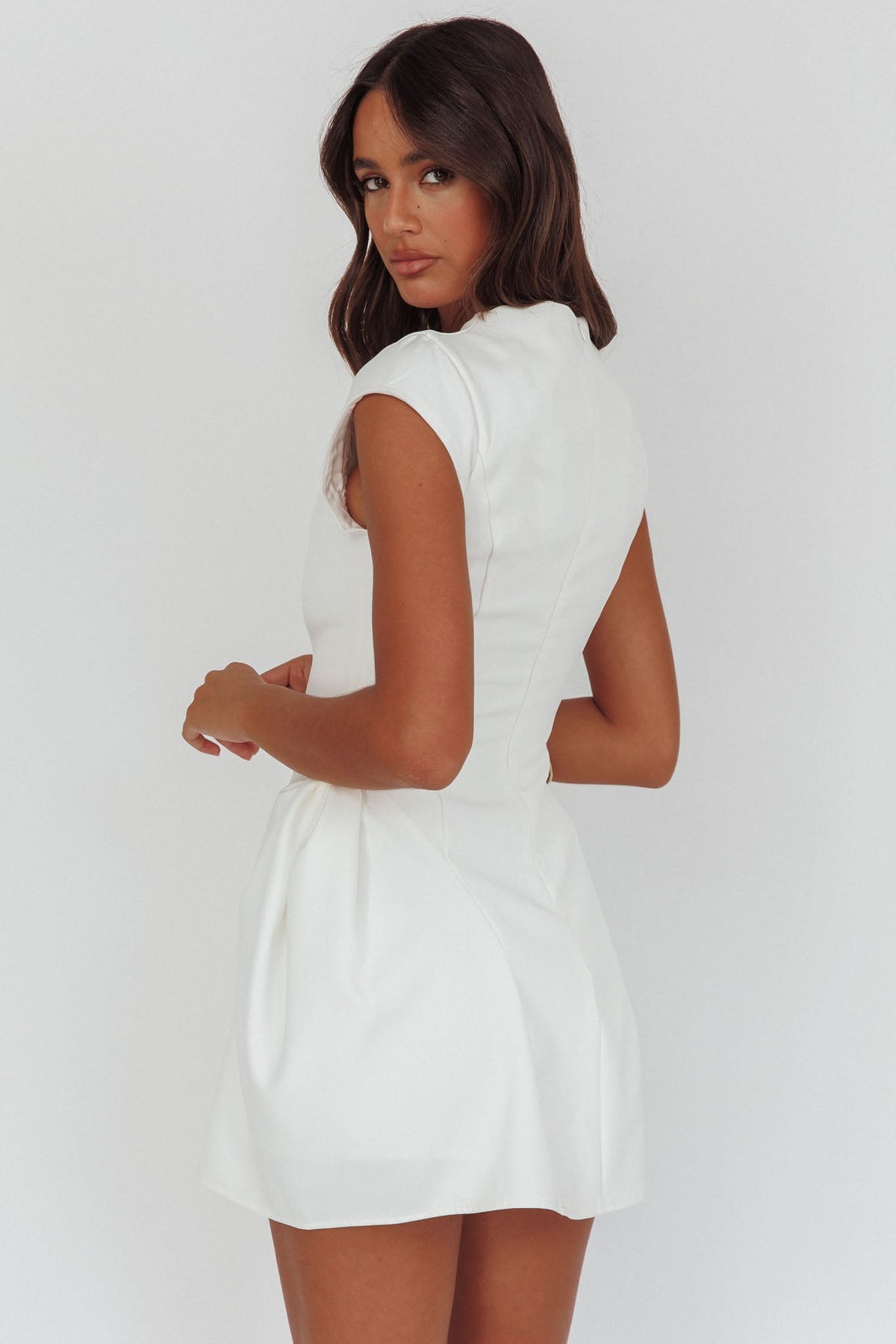 Girl Talks Cap Sleeve Puff Skirt Mini Dress Off White