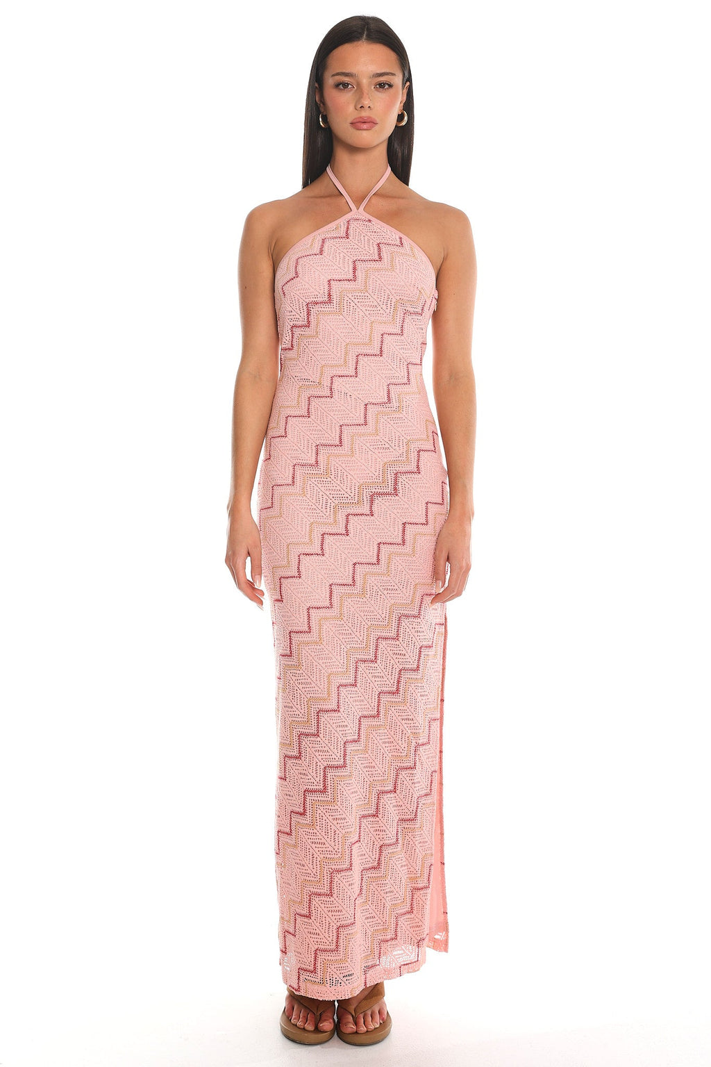 Viana Chevron Crochet Halter Maxi Dress Pink