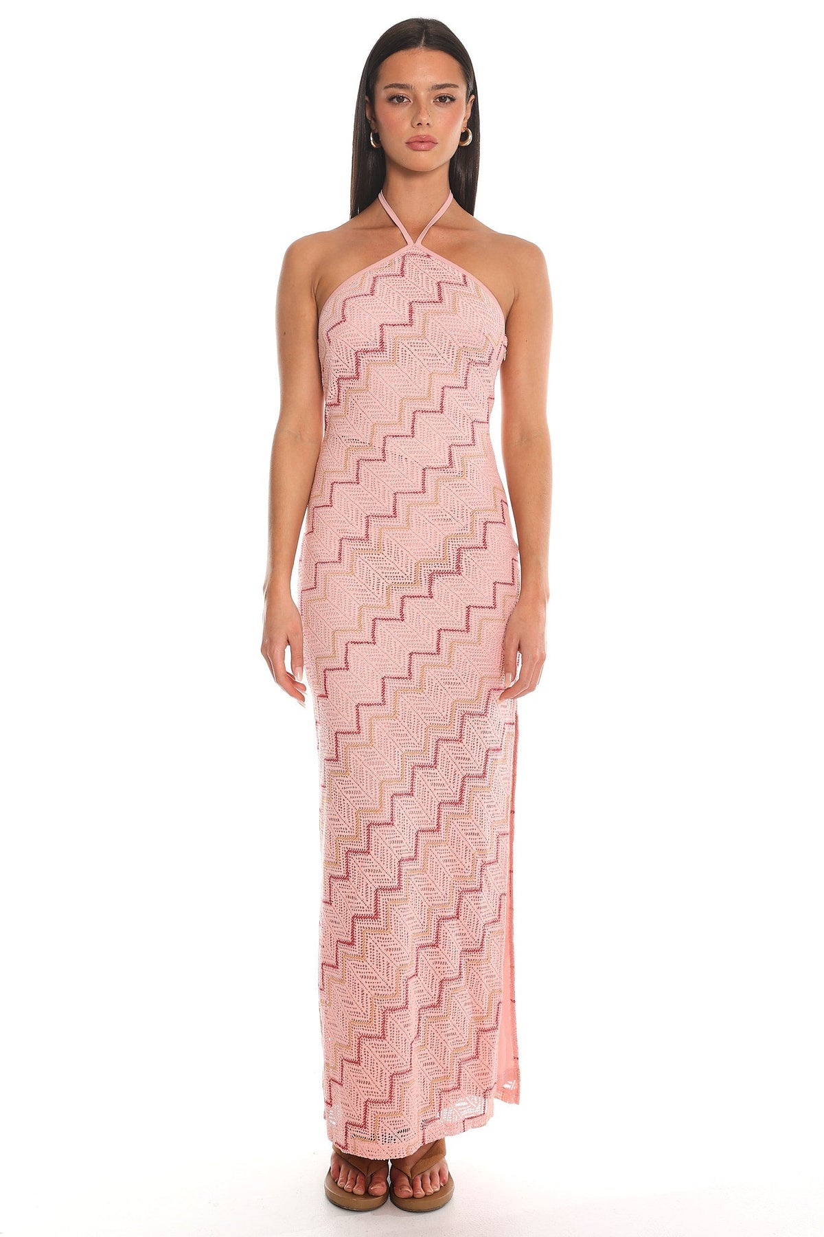 Viana Chevron Crochet Halter Maxi Dress Pink