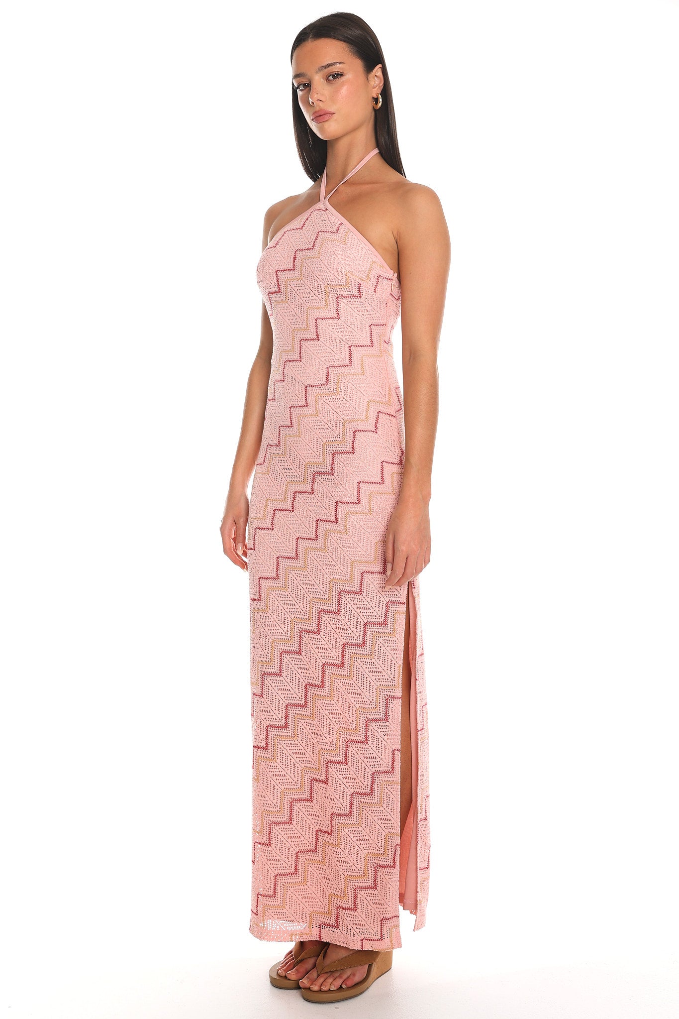 Viana Chevron Crochet Halter Maxi Dress Pink Secondary image