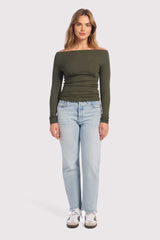 Slinky Rib Off-The-Shoulder Shirt | Darkest Olive