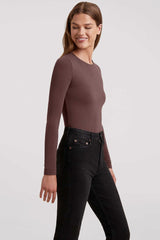 Cotton Stretch Long Sleeve Crewneck Bodysuit | Coffee