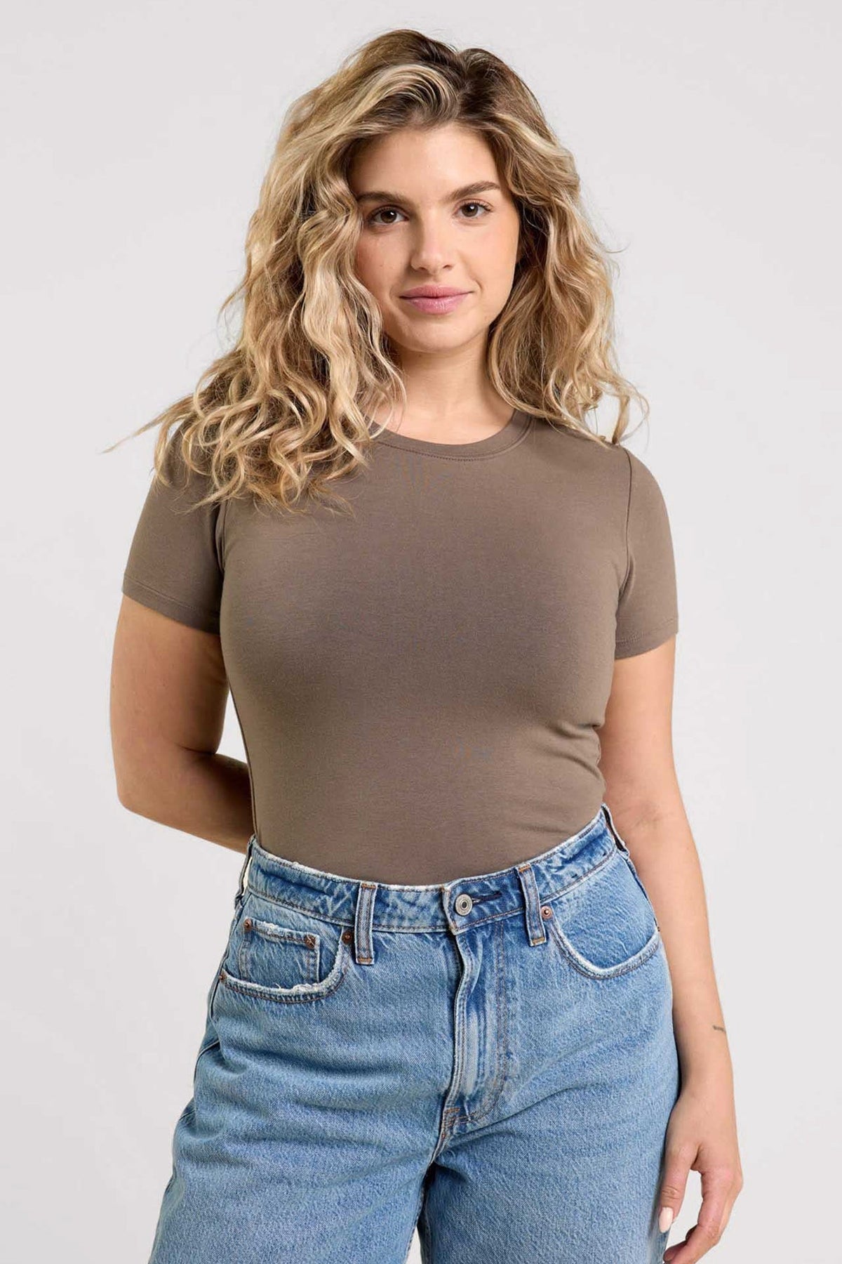 Cotton Stretch Short Sleeve Crewneck Bodysuit | Mocha