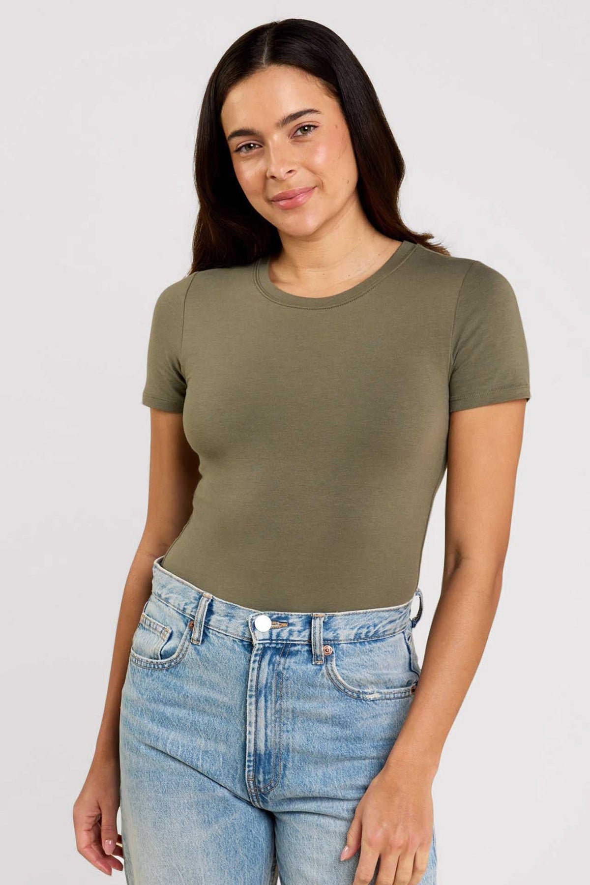 Cotton Stretch Short Sleeve Crewneck Bodysuit | Olive