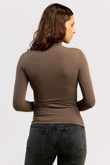 Cotton Stretch Long Sleeve Mock Neck Shirt | Mocha