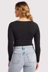Cotton Stretch Long Sleeve Square Neck Bodysuit | Black
