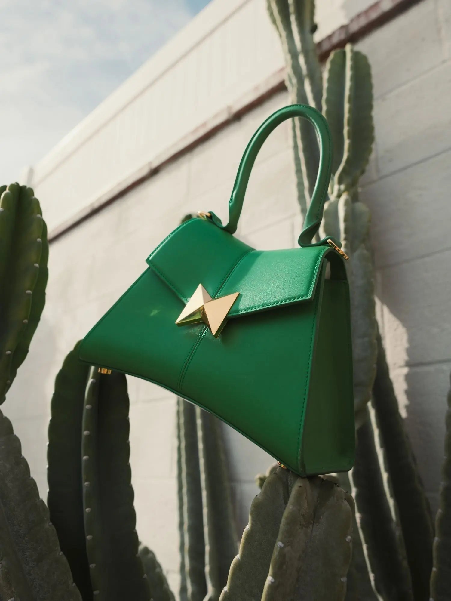 Green Small Structured Leather Top Handle Bag