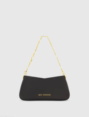 Black Small Leather Shoulder Bag with Gold Chain