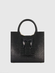 Black Medium Croc Embossed Leather Tote