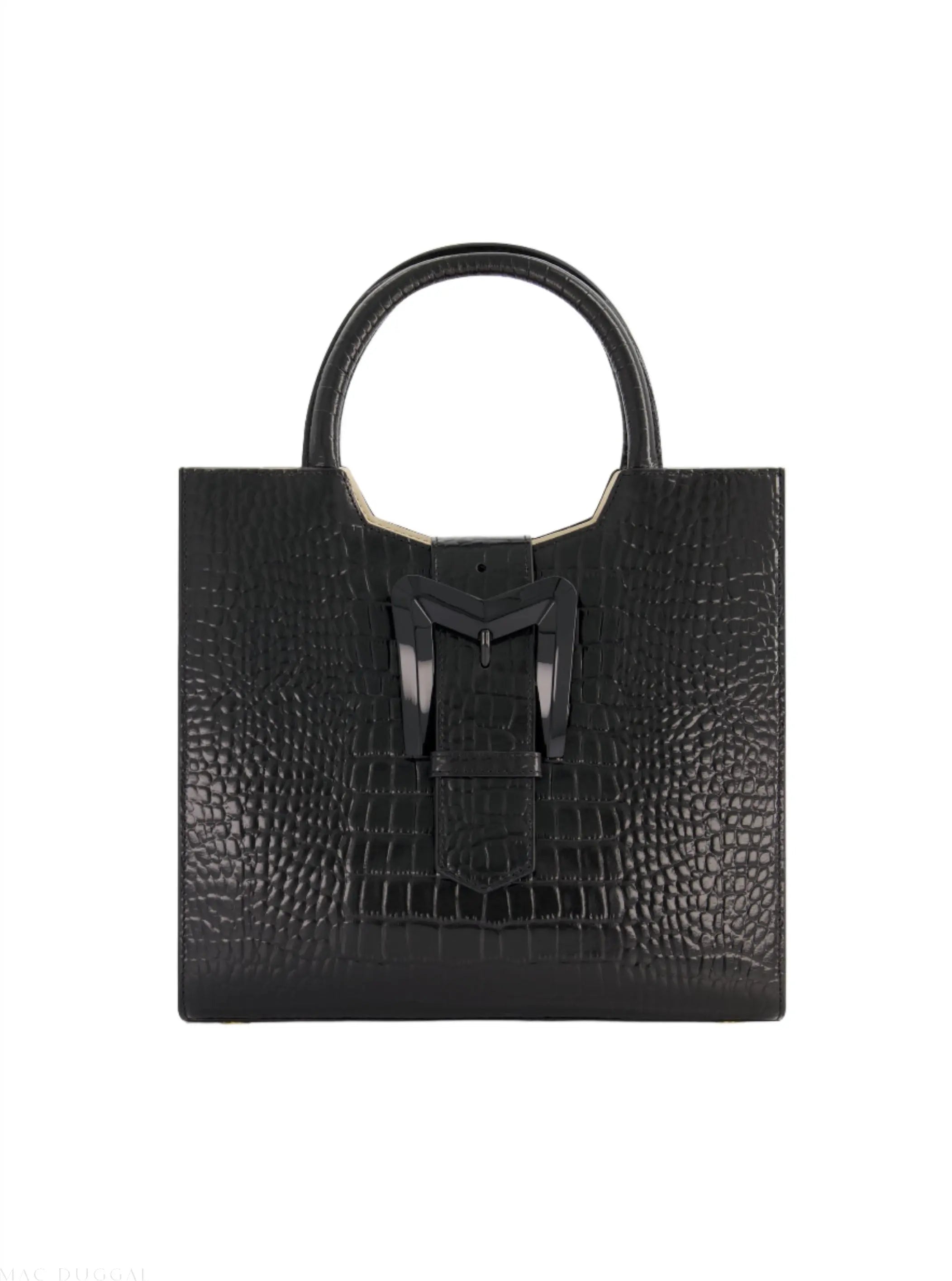Black Medium Croc Embossed Leather Tote