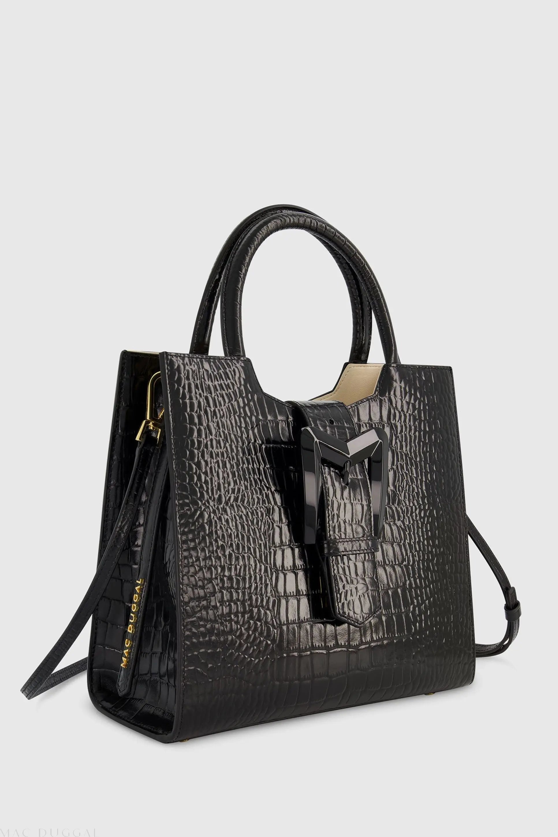 Black Medium Croc Embossed Leather Tote