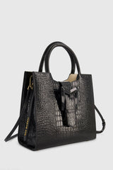 Black Medium Croc Embossed Leather Tote