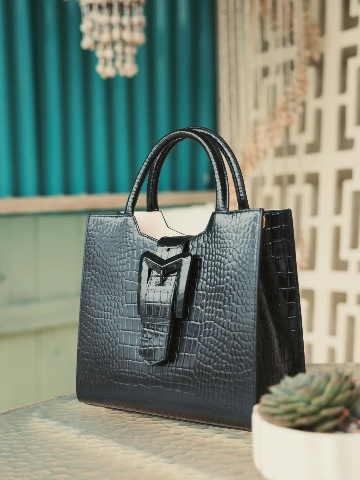 Black Medium Croc Embossed Leather Tote