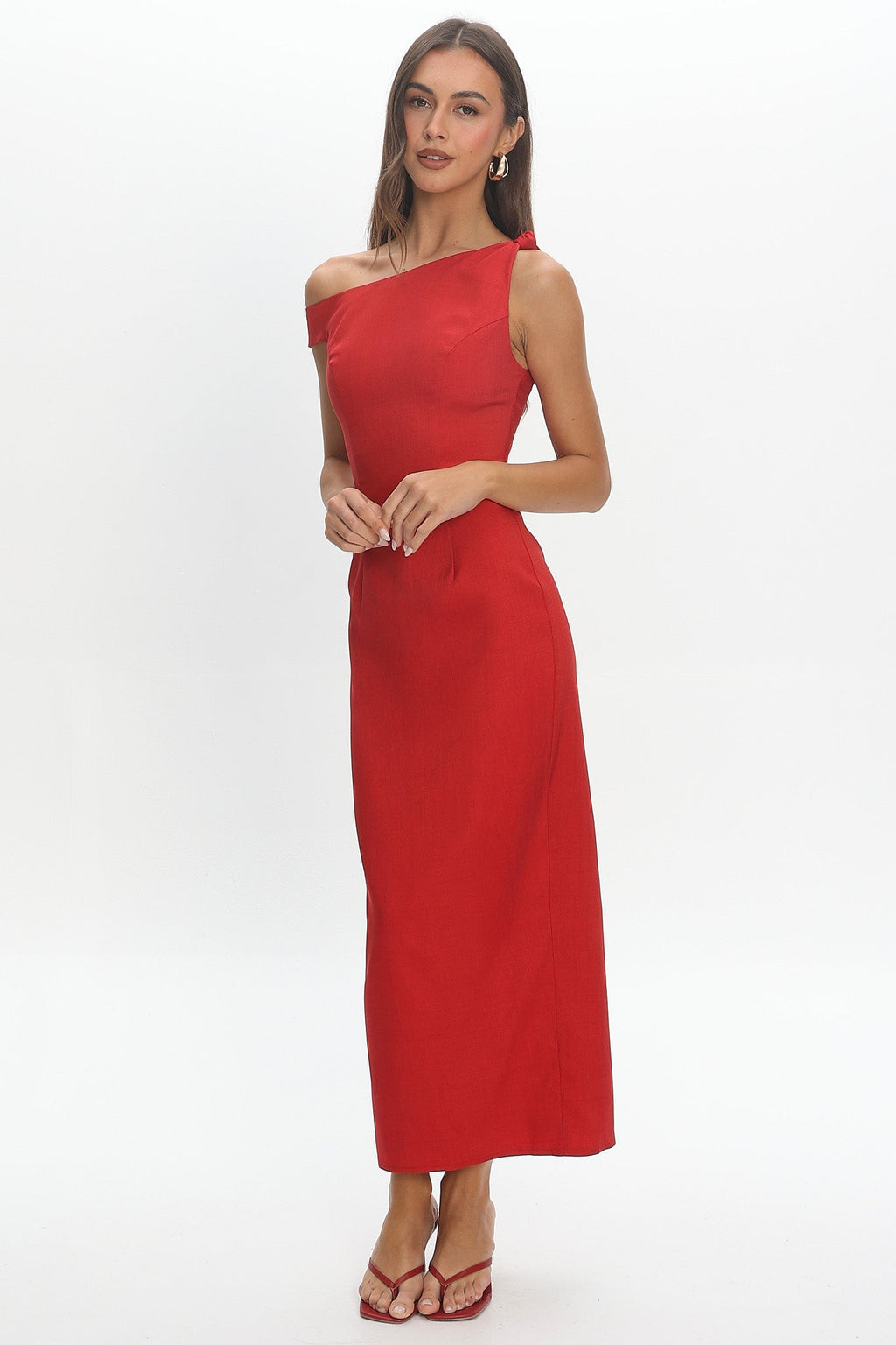 Heating Up Asymmetric Neckline Maxi Dress Red