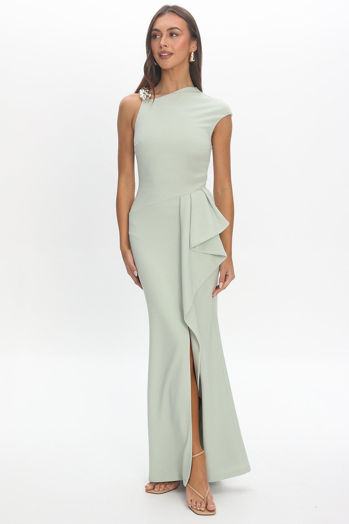 Whispering Willow One-Shoulder Gown Pistachio Green
