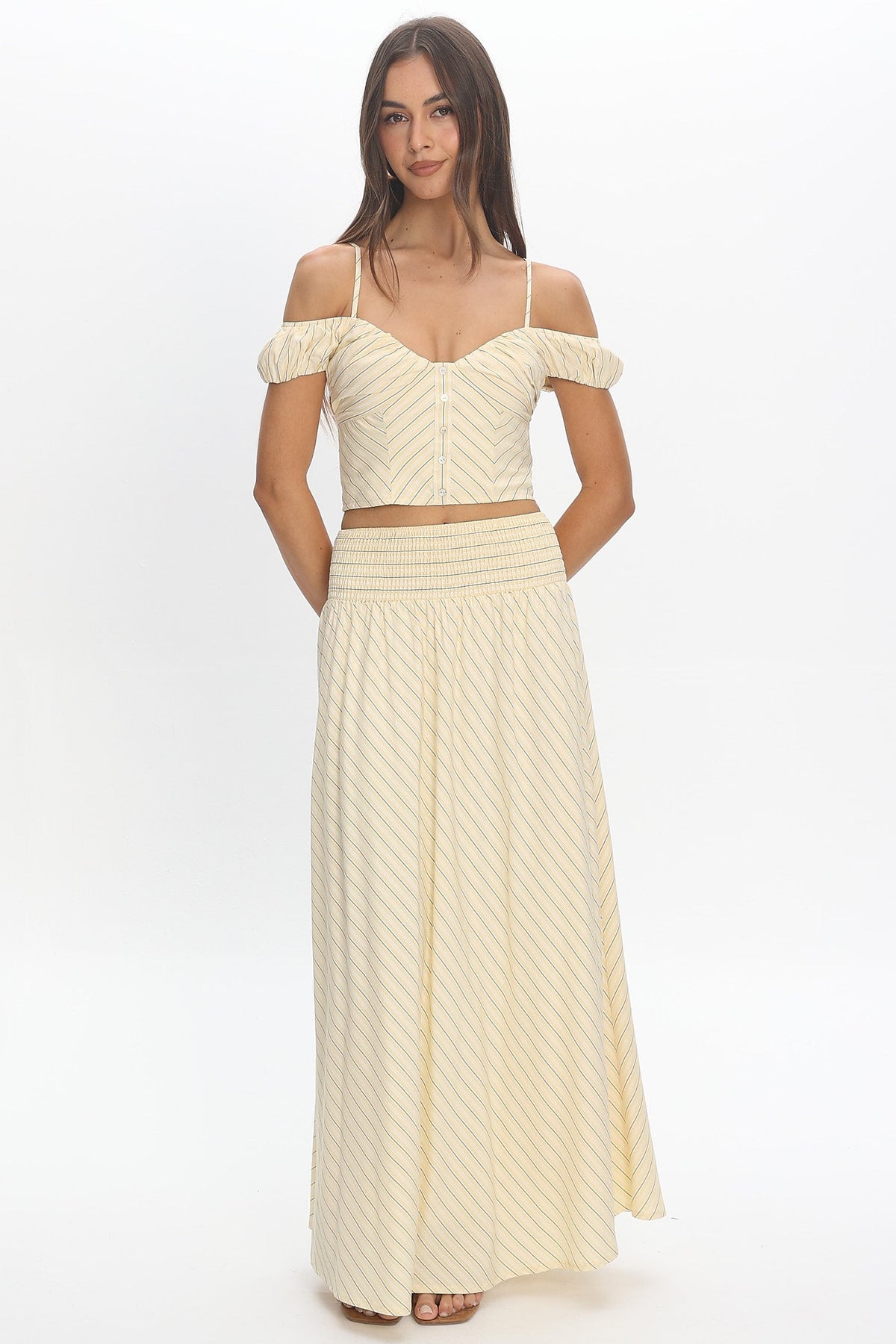 Windrose Stripe Smocked Maxi Skirt Butter