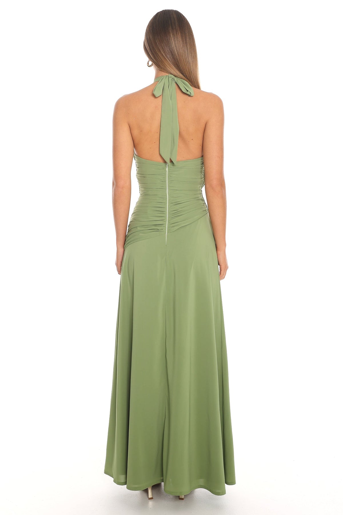 Leolina Ruched Halter Maxi Dress Matcha