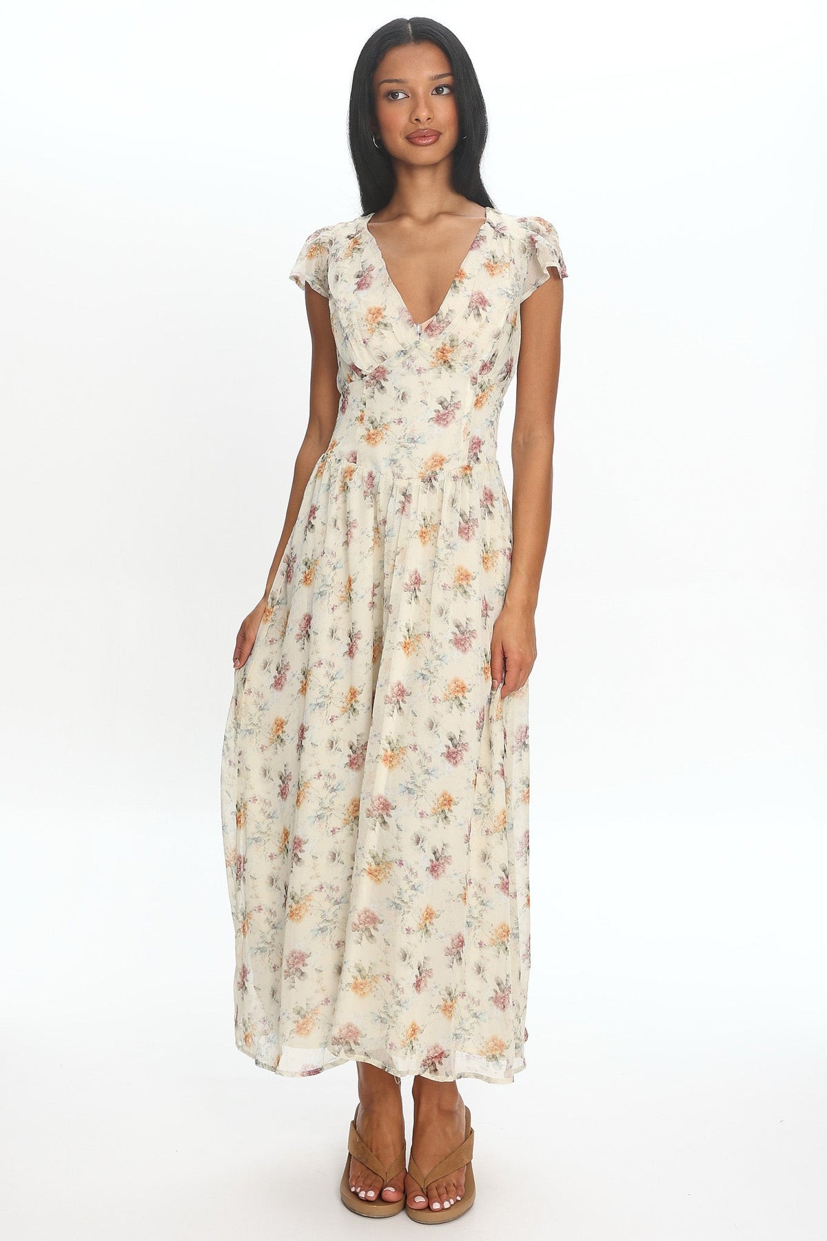 Angel Wings V-Back Pleat Maxi Dress Mint Floral Main image