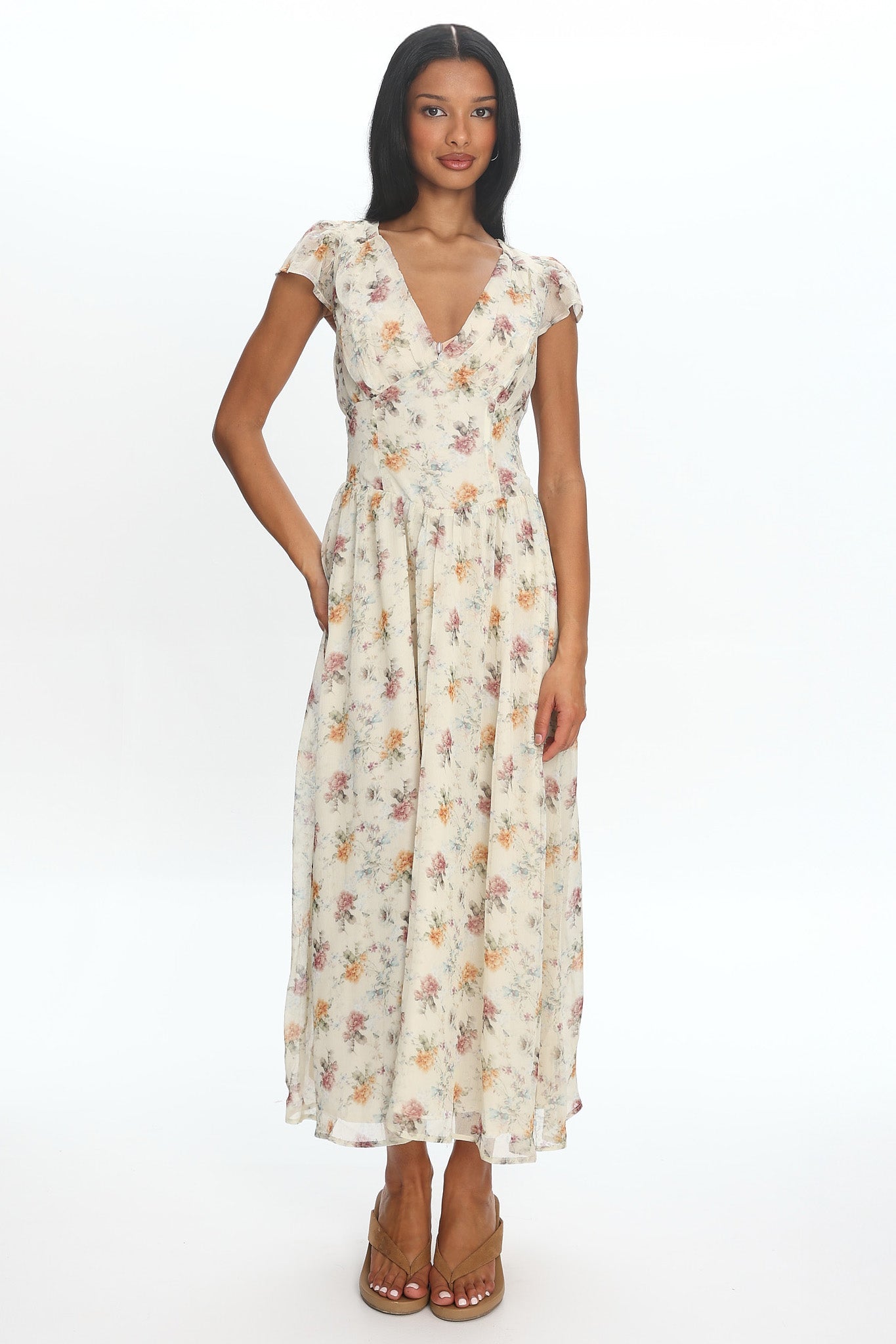 Angel Wings V-Back Pleat Maxi Dress Mint Floral Secondary image