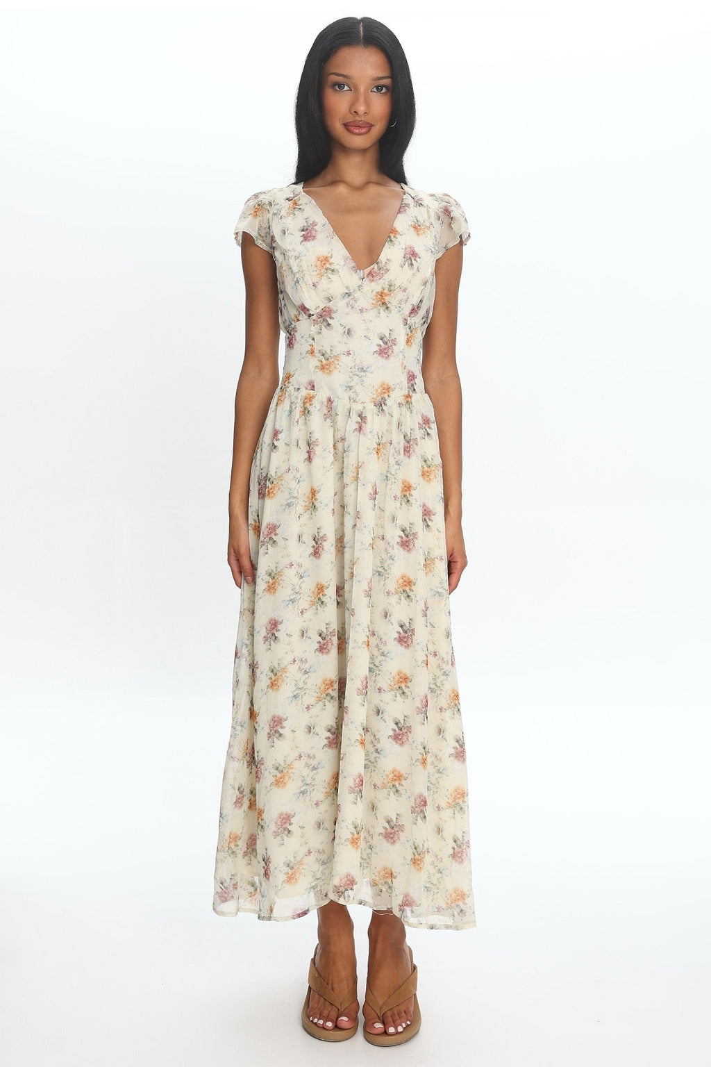Angel Wings V-Back Pleat Maxi Dress Mint Floral