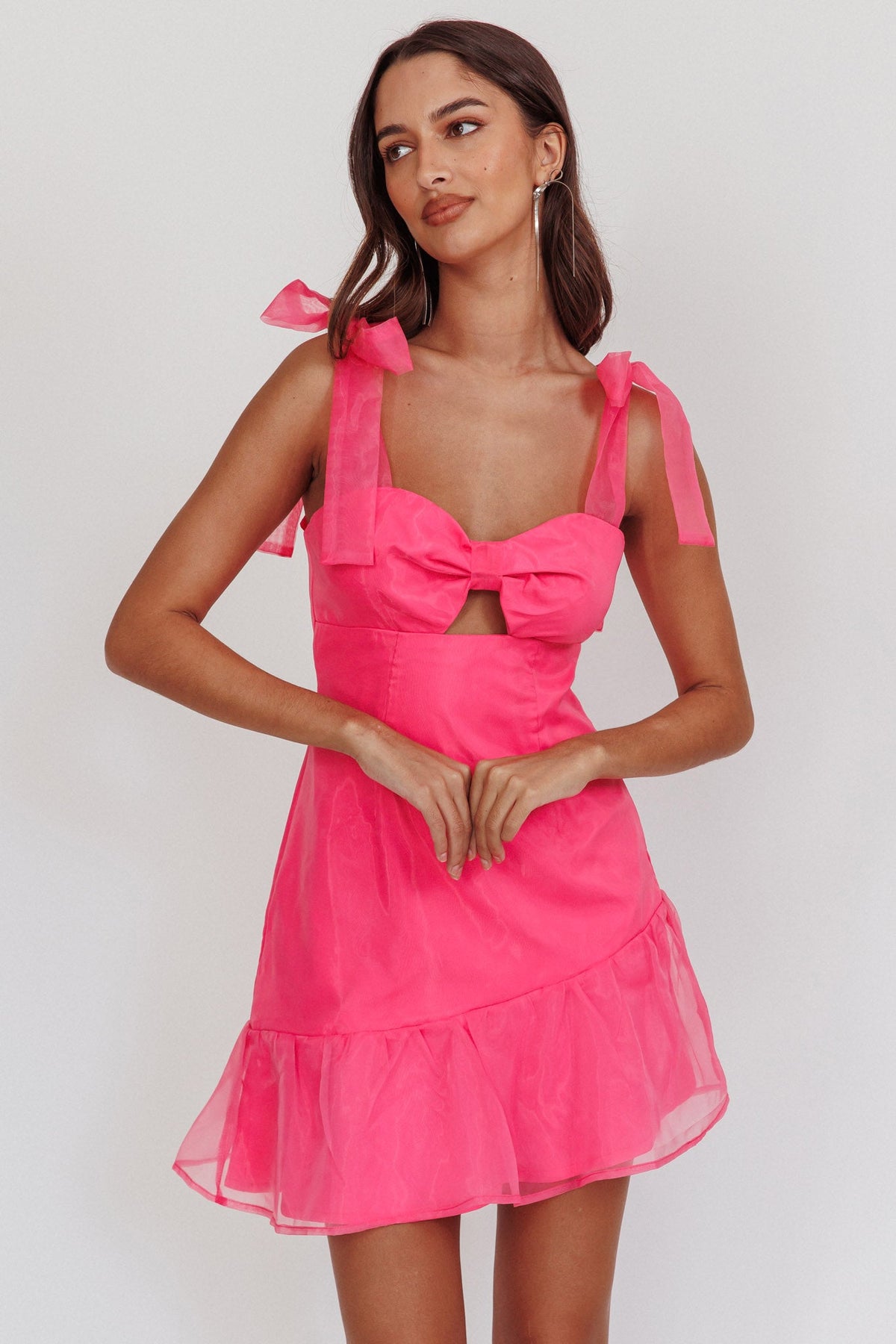 Alexia Bow Shoulder Ruffle Hem Mini Dress Hot Pink Main image