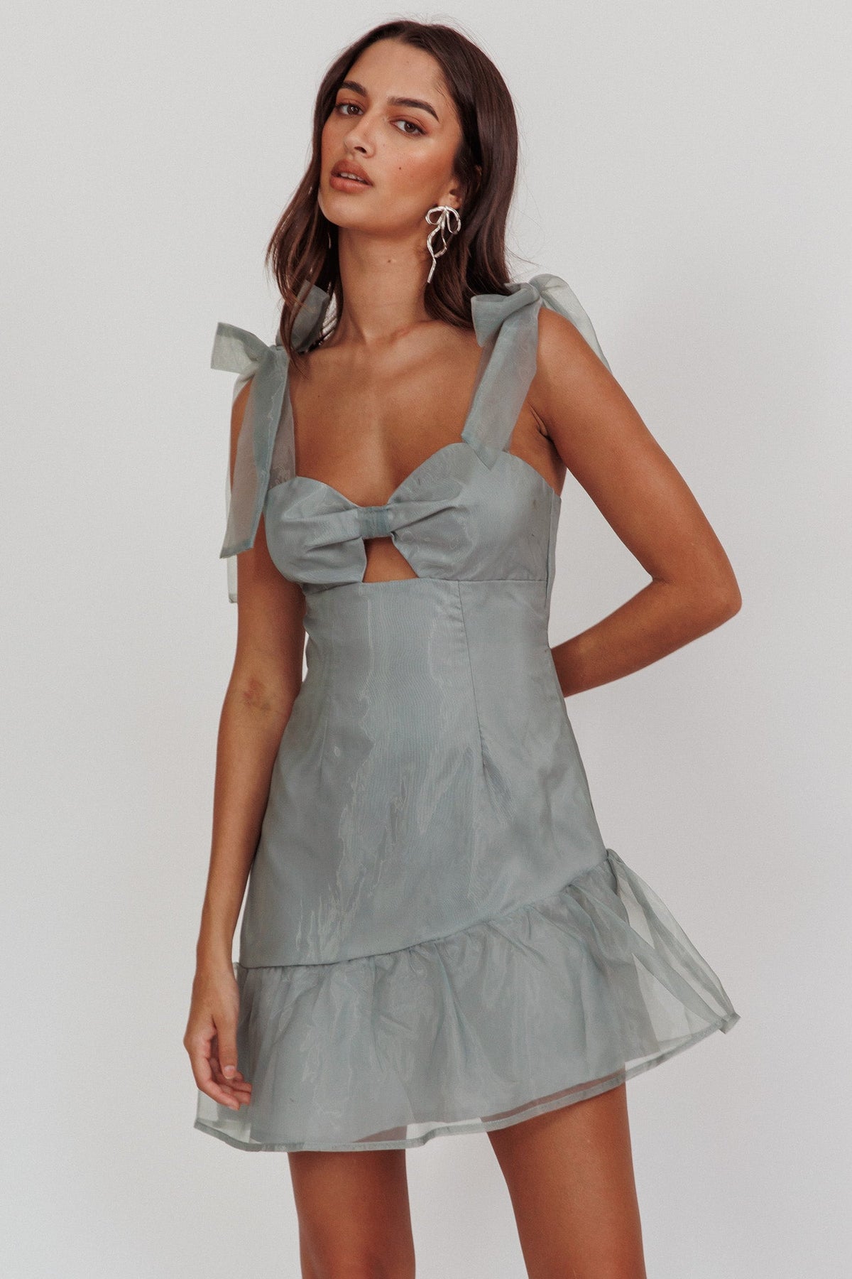 Alexia Bow Shoulder Ruffle Hem Mini Dress Sage Main image