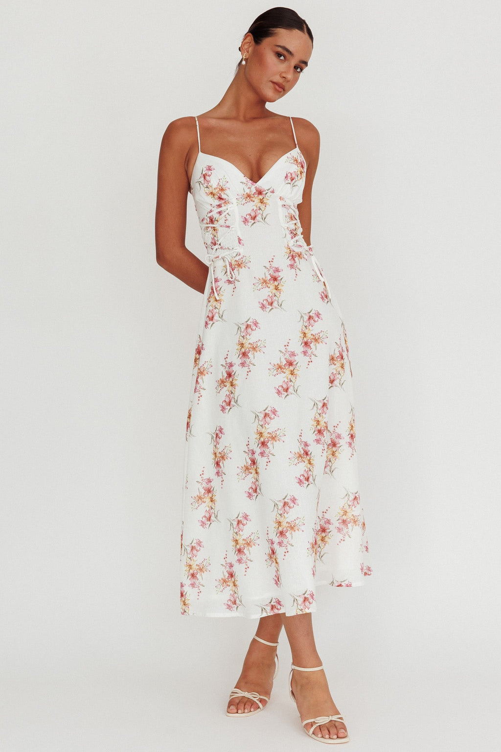 Kalaya Lace-Up Waist Midi Dress Floral