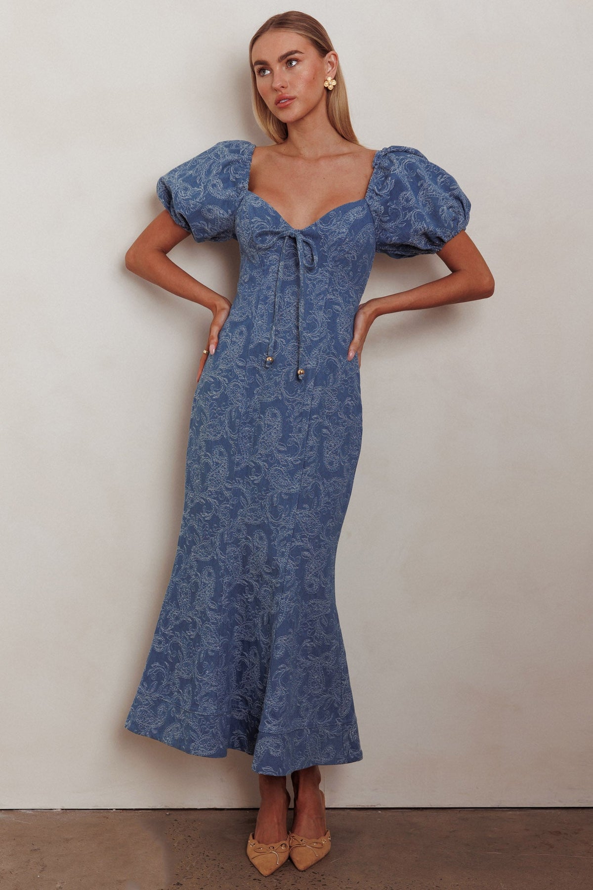 Feeling Electric Puff Sleeves Mermaid Maxi Dress Denim Blue Main image
