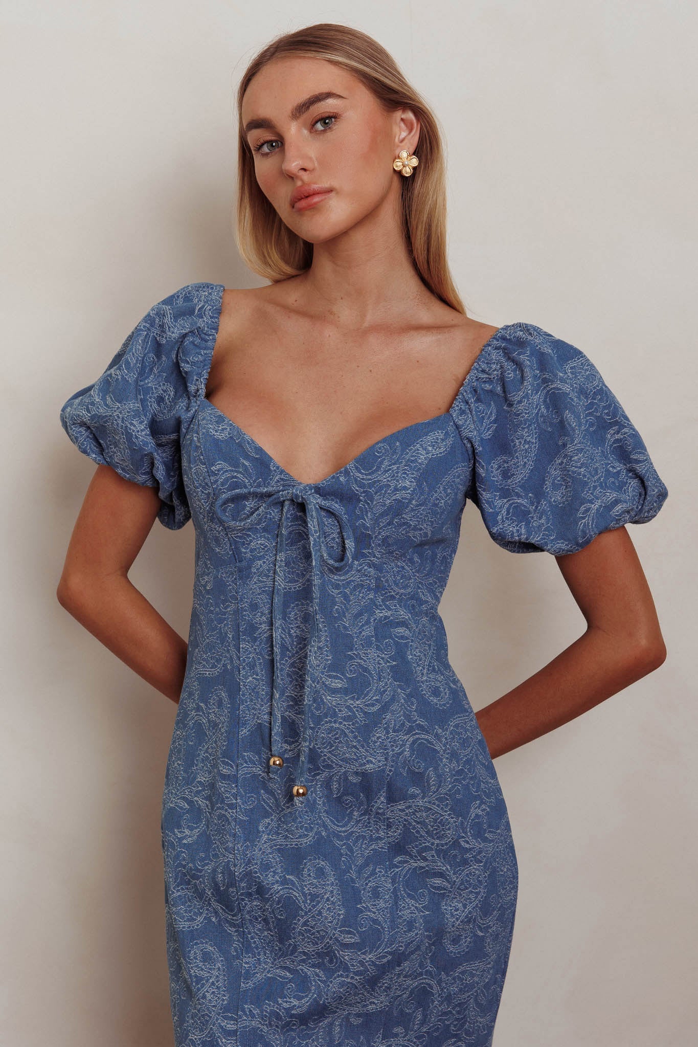 Feeling Electric Puff Sleeves Mermaid Maxi Dress Denim Blue Secondary image