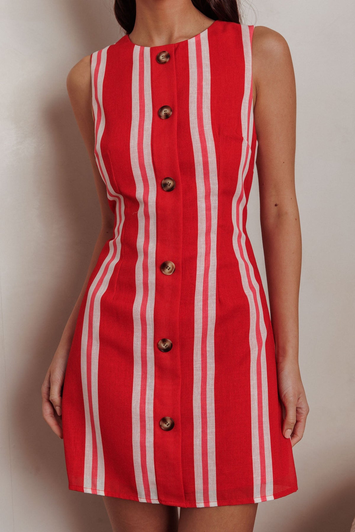 Kalena Faux Placket Mini Dress Stripe Red