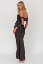 Aurora Sky Off-Shoulder Tie Maxi Dress Satin Black