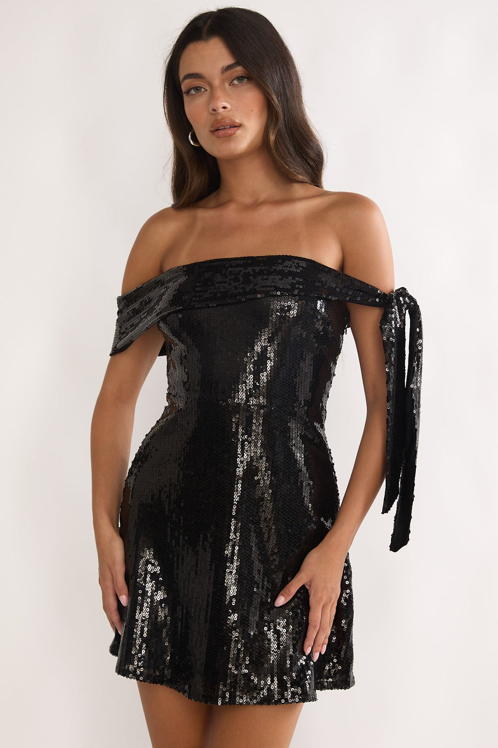Aurora Sky Off-Shoulder Tie Mini Dress Sequin Black